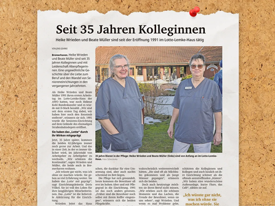 Auch die Nordsee-Zeitung hat über das Dienstjubiläum von Heike Wrieden und Beate Müller ausführlich berichtet. Das Bild zeigt einen Ausschnitt des Zeitungsartikels.